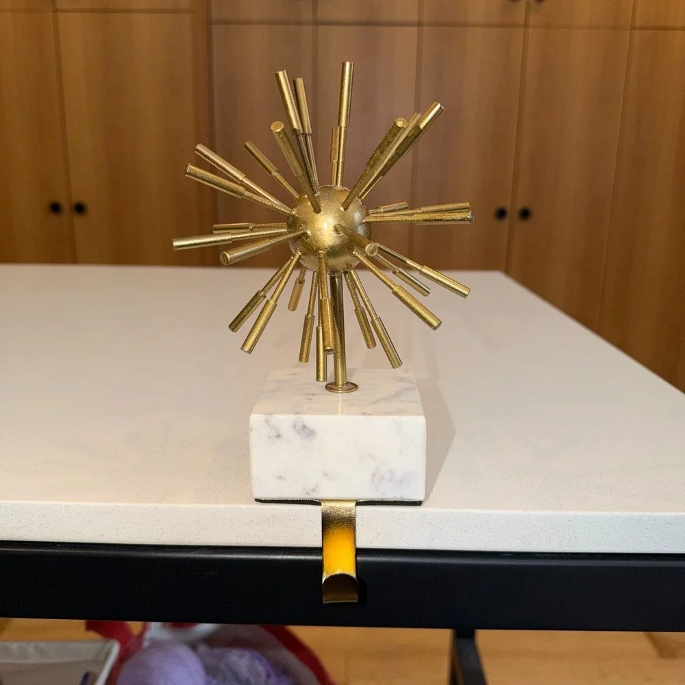 West Elm Stocking Holder Sputnik Atomic Star Burst‎ Brass On Marble Base MCM